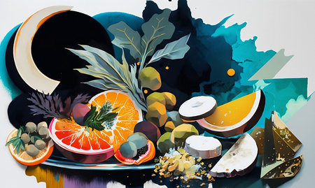 Abstract composition with fruits on a white background. Watercolor painting.の素材