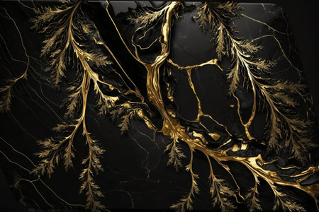 Black and gold marble texture with golden floral pattern. Abstract background.の素材