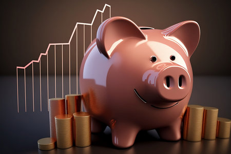 Piggy bank with coins on dark background. 3d illustrationの素材