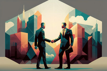 Two businessmen shaking hands in the city. Business concept. Vector illustration.の素材