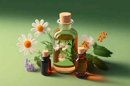 Essential oil with camomile flowers on green background. 3d illustrationの素材