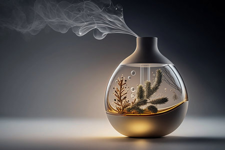 Glass vase with a plant inside and smoke on a dark backgroundの素材