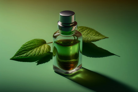 A bottle of essential oil with fresh green leaves on a green backgroundの素材