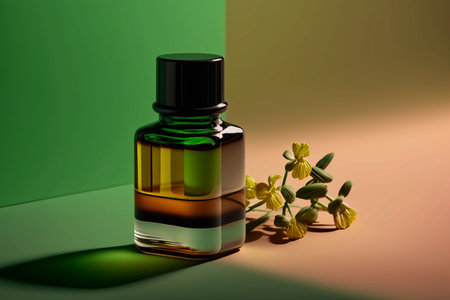 Essential oil in a glass bottle on a green and yellow backgroundの素材