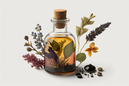 Essential oil in a glass bottle with herbs and spices on a white backgroundの素材