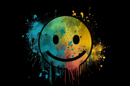 Smile face painted with colorful paint splashes on black background.の素材