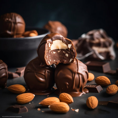 Chocolate candies with nuts on a dark background. Selective focus.の素材