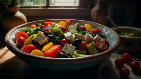 Greek salad with feta cheese, olives, tomatoes and black olivesの素材