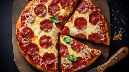 Pepperoni pizza with mozzarella cheese and basil on black backgroundの素材