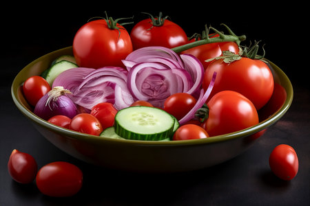 Fresh tomatoes, cucumbers and onions in a bowl on a black backgroundの素材