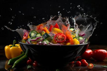 Fresh vegetable salad in black bowl with water splashes on wooden tableの素材