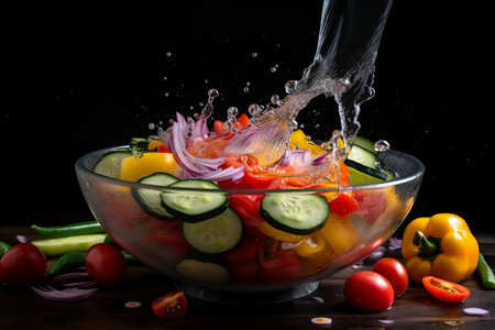 Fresh vegetable salad in glass bowl with water splash on black background.の素材