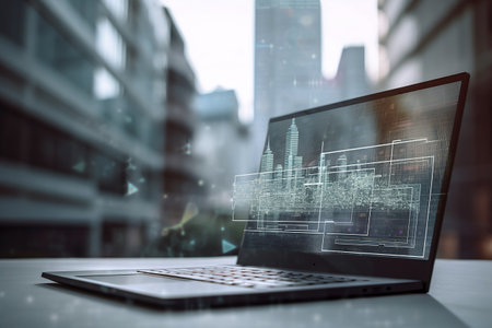 Closeup of laptop with abstract construction drawings on blurry city background. 3D Renderingの素材