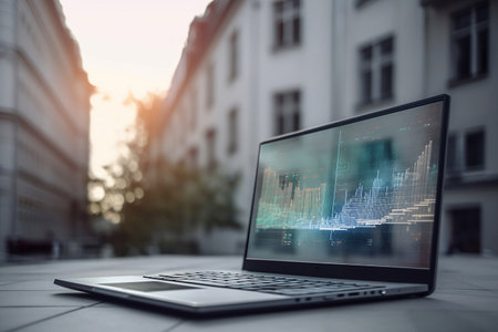 Laptop with stock market chart on screen. Business and finance concept.の素材