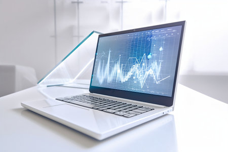 Laptop with stock market graph and chart on screen. 3d rendering.の素材