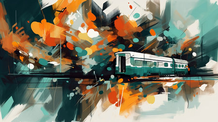 Modern train on the city street. Digital painting. Vector illustration.の素材