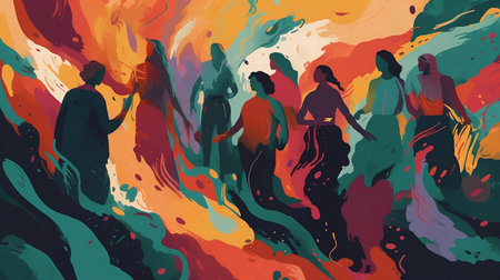 Group of young people dancing on abstract colorful background. Vector illustration.の素材