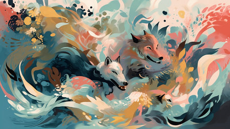 Illustration of a wolf and a fox in the background of an abstract patternの素材