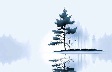 Fantasy landscape with pine trees and reflection in water. Vector illustration.の素材