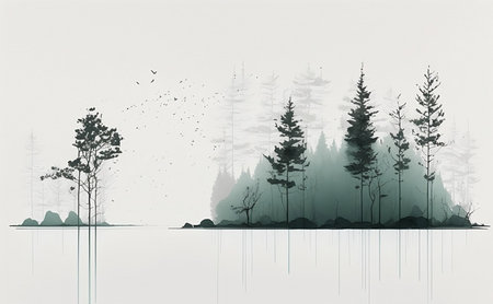 Landscape with forest and lake. Digital painting. Vector illustration.の素材
