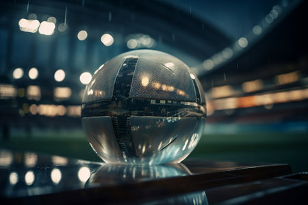 3D rendering of a football stadium with a glass ball in the foregroundの素材