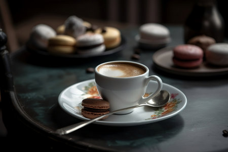 Cup of coffee with macaroons on table in coffee shopの素材