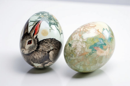 Easter egg and rabbit on a white background, close-upの素材
