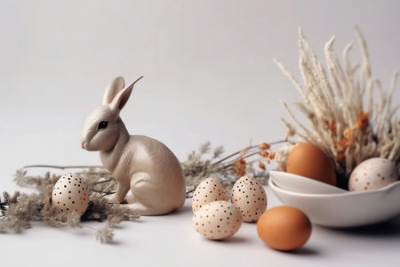 Easter decoration with eggs and bunny figurine on white background.の素材