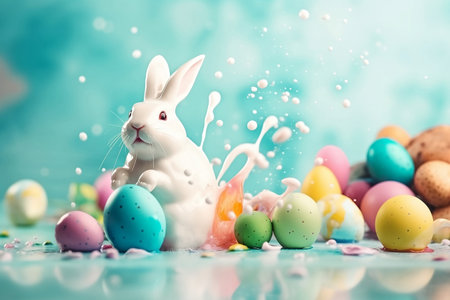 Easter background with white bunny, colorful eggs and splashes.の素材