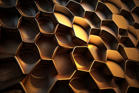 3d rendering of abstract metallic background with hexagons in golden colorの素材