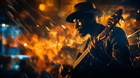 Portrait of african american musician playing electric guitar in night clubの素材