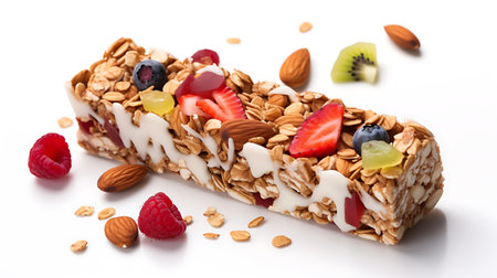 Granola bar with berries and nuts on a white background.の素材