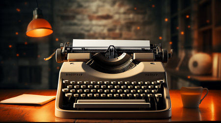 Retro typewriter on a wooden table against a brick wall backgroundの素材