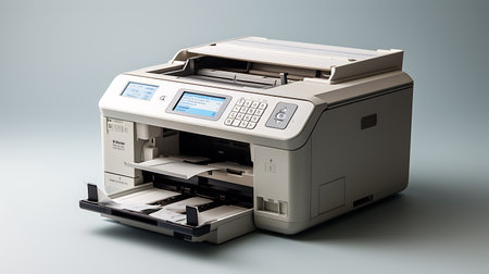 Office multifunction printer on a gray background. 3d illustration.の素材