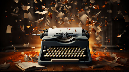 Vintage typewriter and paper sheets flying in the air. 3D renderingの素材