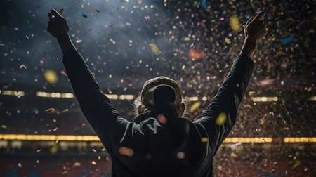Rear view of a man cheering at a football stadium with confettiの素材
