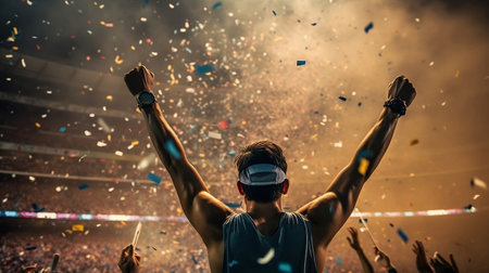 Rear view of a man cheering at a soccer stadium with confettiの素材