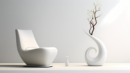 White armchair and vase with a tree. 3d renderingの素材