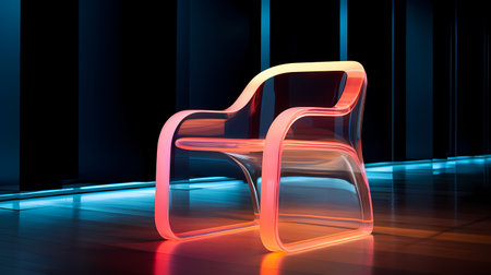 3d rendering of a modern chair in a room with neon lightの素材
