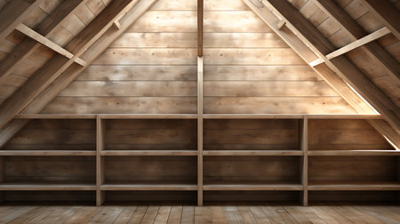 Wooden shelf in the attic. 3d rendering, 3d illustration.の素材