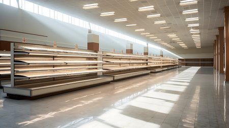Interior of a modern warehouse with rows of wooden racks and shelvesの素材