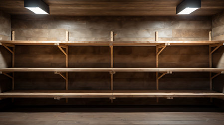Empty wooden shelves in the interior of a modern restaurant. Toned.の素材