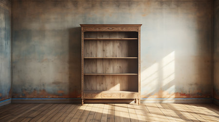Wooden bookcase in the room. 3d render illustration.の素材