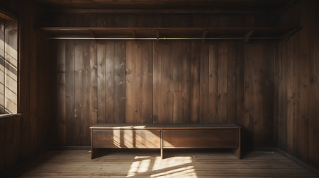 Interior of a wooden room with a wooden table and a windowの素材