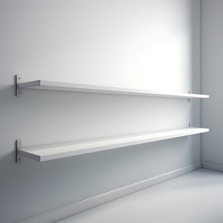Empty shelf in empty room, 3d render. Empty wall with shelves.の素材