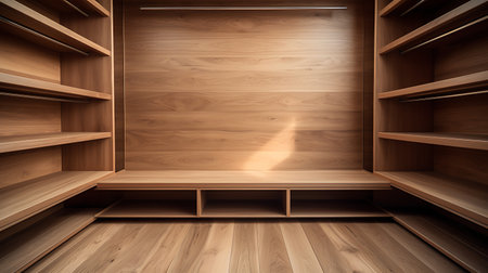 Wooden shelf with light and shadow on it. 3d renderingの素材