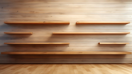 Wooden shelves in empty room, 3d rendering. Computer digital drawing.の素材