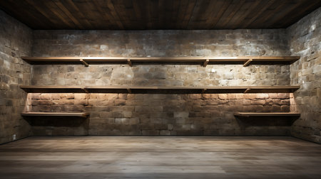 3d rendering empty room with wooden shelf for exhibit in the galleryの素材