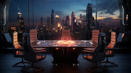 Modern conference room interior with furniture and night city view. 3D Renderingの素材