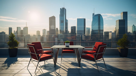 Table and chairs in a modern office with skyscrapers in the backgroundの素材